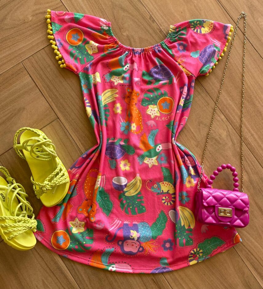 fernandaramoskids com br Vestido Infantil Feminino Soltinho Estampado Pink Flúor1