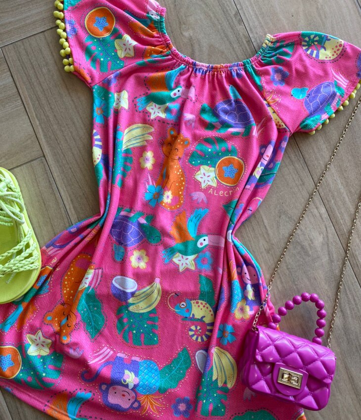 fernandaramoskids com br Vestido Infantil Feminino Soltinho Estampado Pink Flúor2