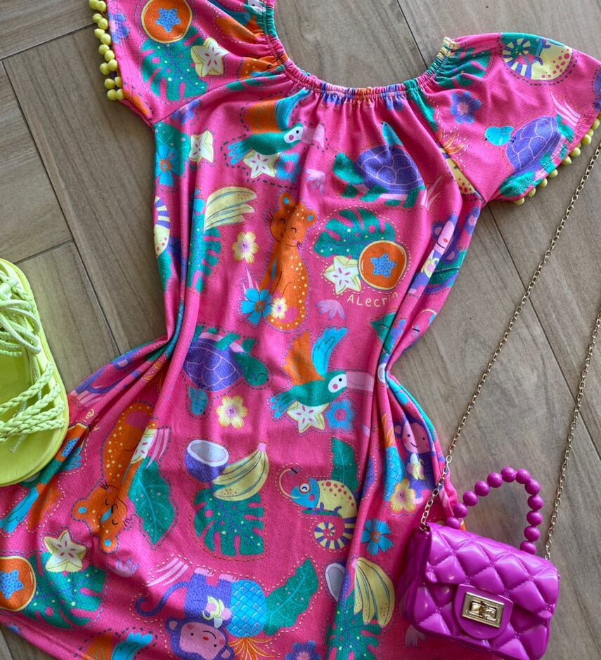 fernandaramoskids com br Vestido Infantil Feminino Soltinho Estampado Pink Flúor2