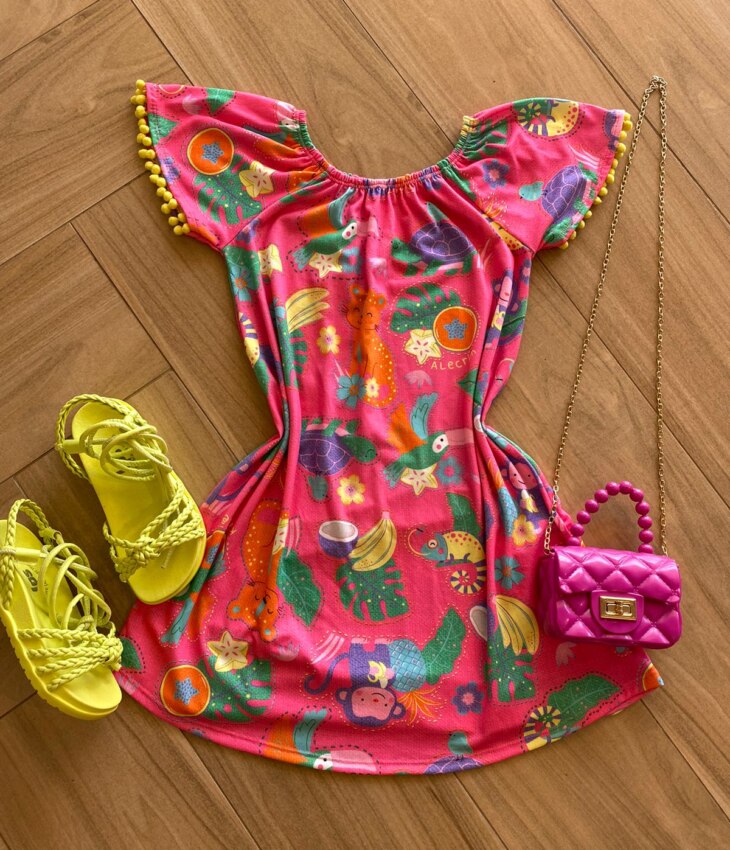 Vestido Infantil Feminino Soltinho Estampado Pink Flúor Fernanda Ramos Kids