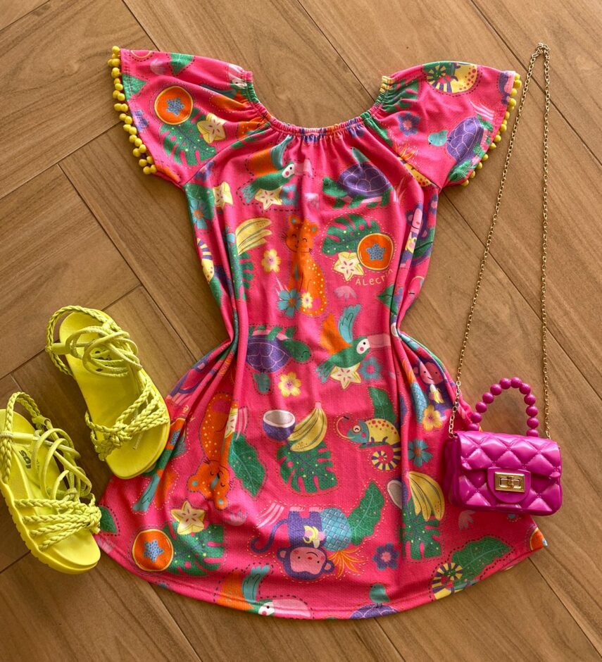 Vestido Infantil Feminino Soltinho Estampado Pink Flúor Fernanda Ramos Kids