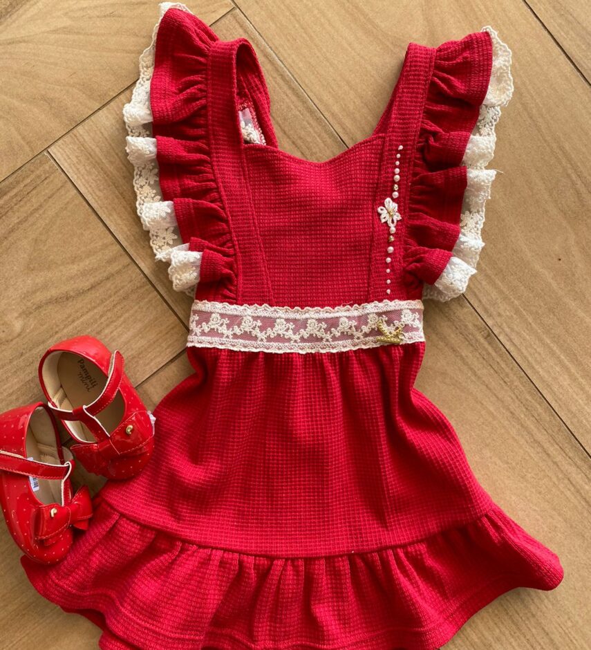 fernandaramoskids com br Vestido Infantil Feminino Vermelho com Amarração de Renda1