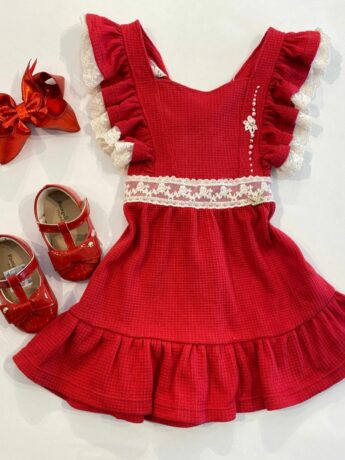 Vestido Infantil Feminino Vermelho com Amarração de Renda Fernanda Ramos Kids