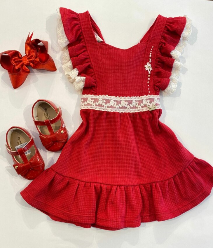 Vestido Infantil Feminino Vermelho com Amarração de Renda Fernanda Ramos Kids