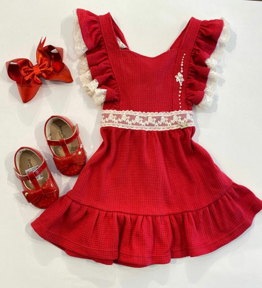 Vestido Infantil Feminino Vermelho com Amarração de Renda Fernanda Ramos Kids