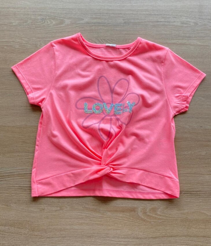 Blusa Cropped Manga Curta Lovely Rosa Neon Fernanda Ramos Kids