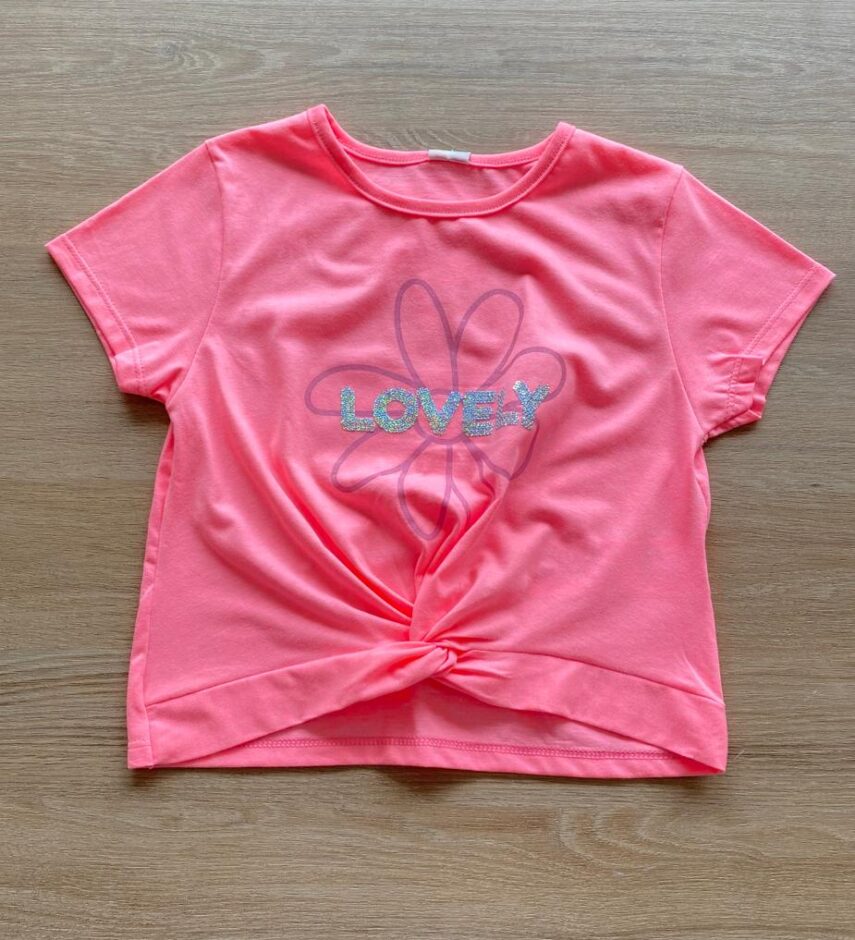 Blusa Cropped Manga Curta Lovely Rosa Neon Fernanda Ramos Kids