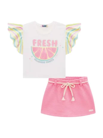 Conjunto Infantil Feminino Blusa Boxy e Short Saia Rosa Fernanda Ramos Kids