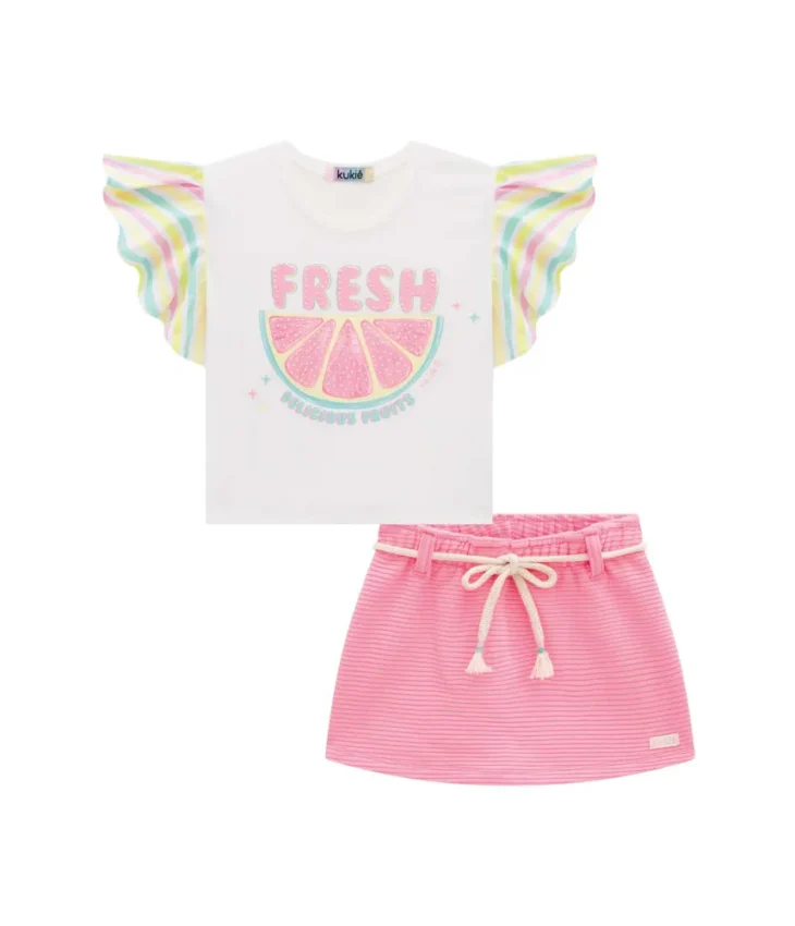 Conjunto Infantil Feminino Blusa Boxy e Short Saia Rosa Fernanda Ramos Kids