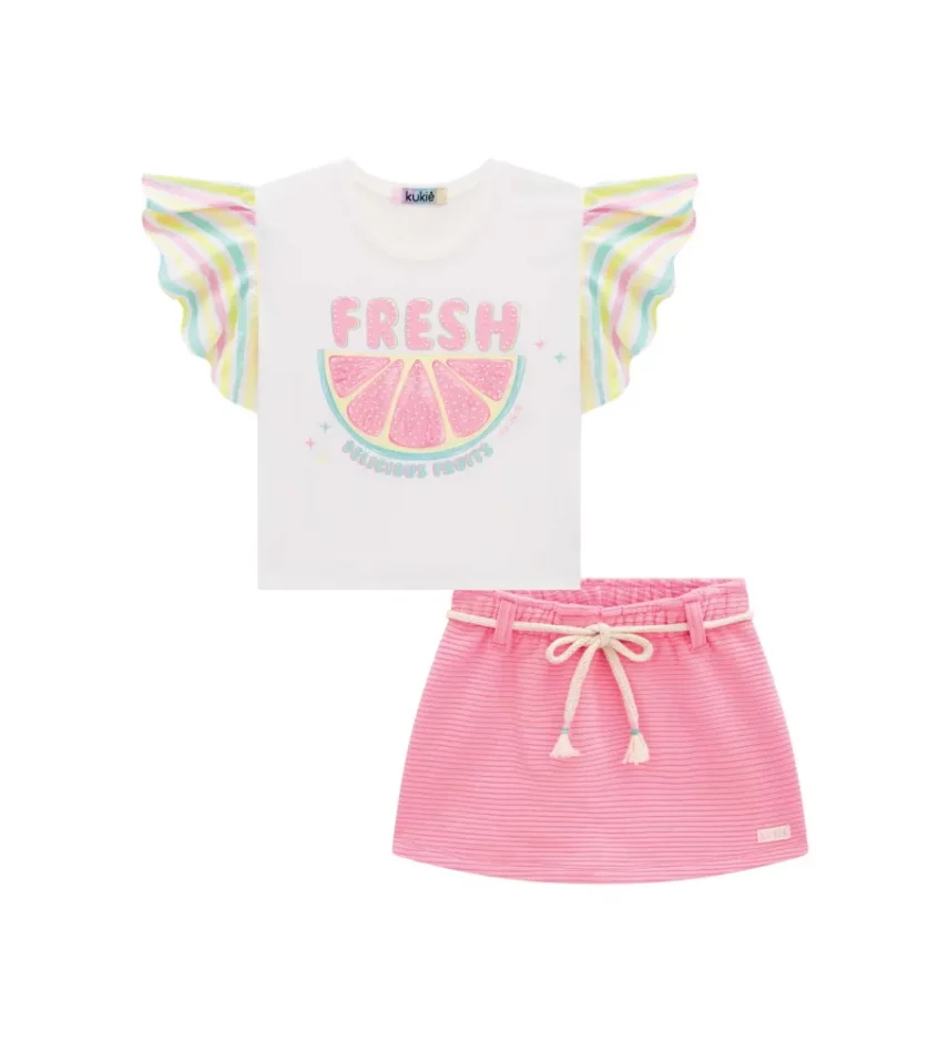 Conjunto Infantil Feminino Blusa Boxy e Short Saia Rosa Fernanda Ramos Kids