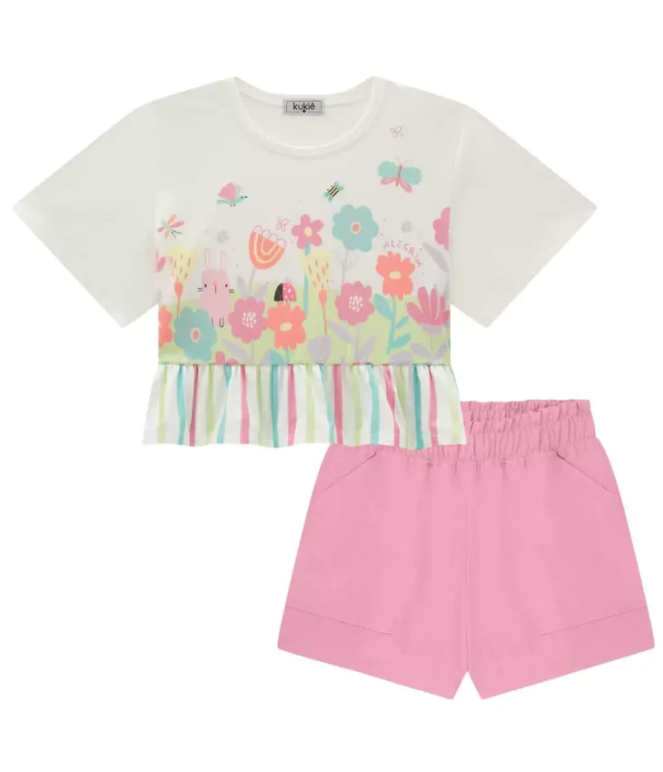 Conjunto Infantil Feminino Blusa Boxy Over e Short Rosa Fernanda Ramos kids