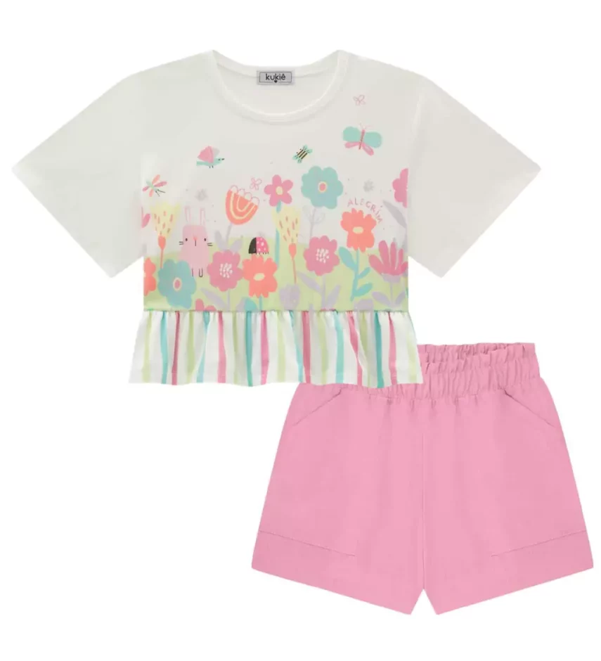 Conjunto Infantil Feminino Blusa Boxy Over e Short Rosa Fernanda Ramos kids