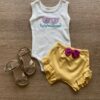 Conjunto Infantil Feminino Body Branco e Short Listrado Amarelo Fernanda Ramos Kids