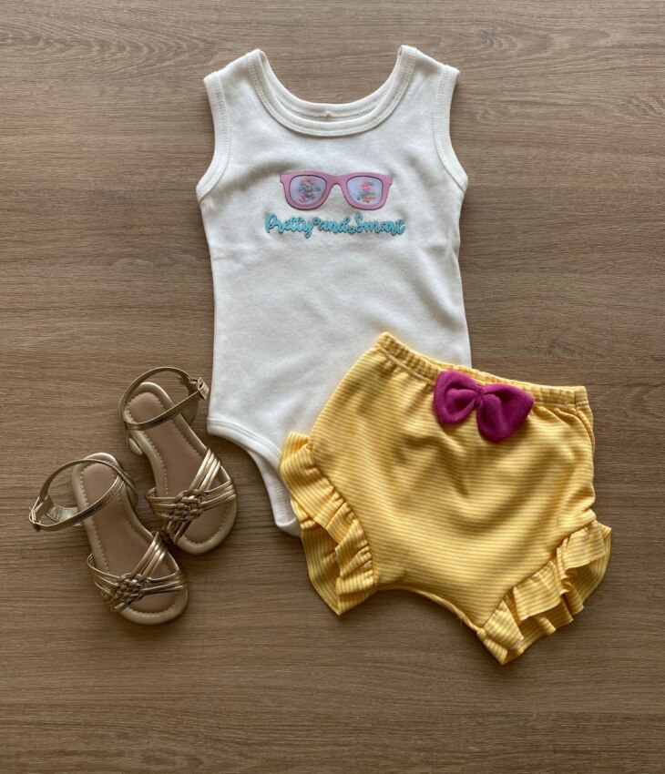Conjunto Infantil Feminino Body Branco e Short Listrado Amarelo Fernanda Ramos Kids