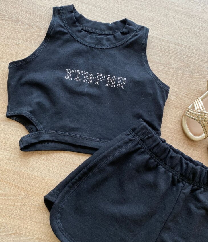 fernandaramoskids com br Conjunto Infantil Feminino Cropped com Abertura e Short Preto1