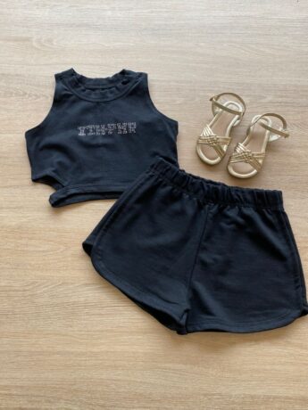 Conjunto Infantil Feminino Cropped com Abertura e Short Preto Fernanda Ramos Kids