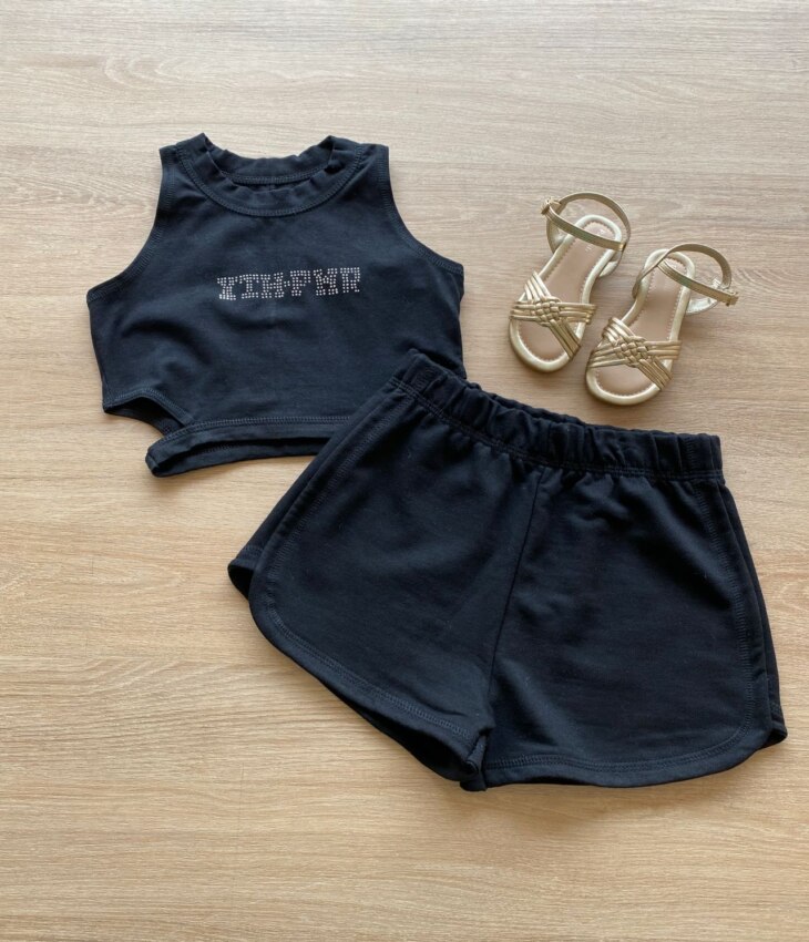Conjunto Infantil Feminino Cropped com Abertura e Short Preto Fernanda Ramos Kids