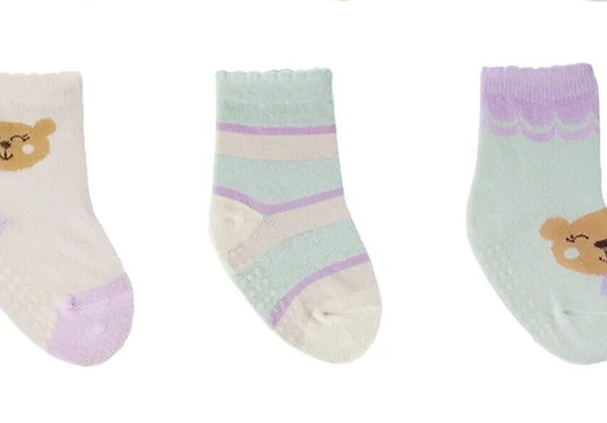 Kit com 3 Meias Infantil Feminina Antiderrapante Bege e Verde Urso Fernanda Ramos Kids