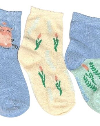 Kit com 3 Meias Infantil Feminina Azul e Salmão Hipopótamo Fernanda Ramos kids