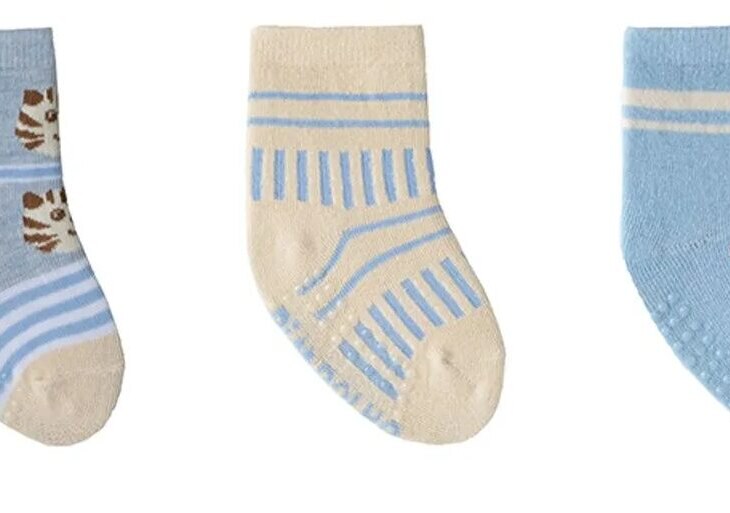 Kit com 3 Meias Infantil Masculina Antiderrapante Azul e Bege Tigre Fernanda Ramos Kids