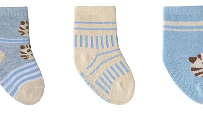 Kit com 3 Meias Infantil Masculina Antiderrapante Azul e Bege Tigre Fernanda Ramos Kids