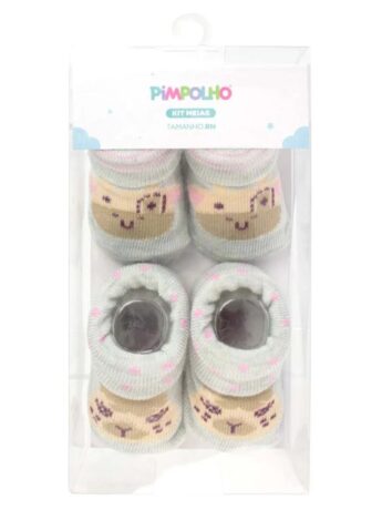 kit Meia com 2 Pares Rn Cinza Vaquinha e Lhama Fernanda Ramos Kids