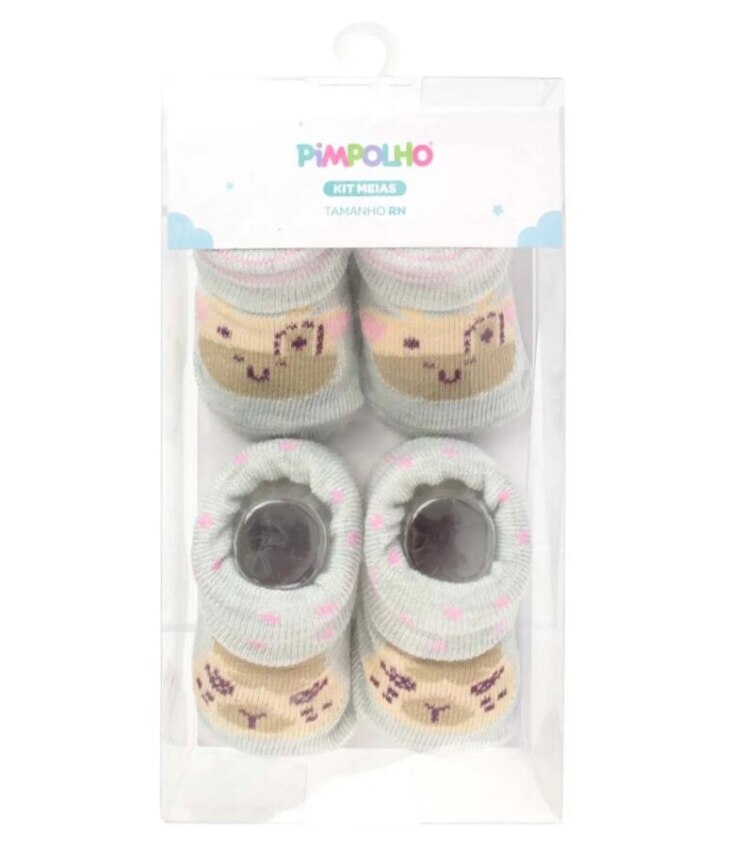 kit Meia com 2 Pares Rn Cinza Vaquinha e Lhama Fernanda Ramos Kids