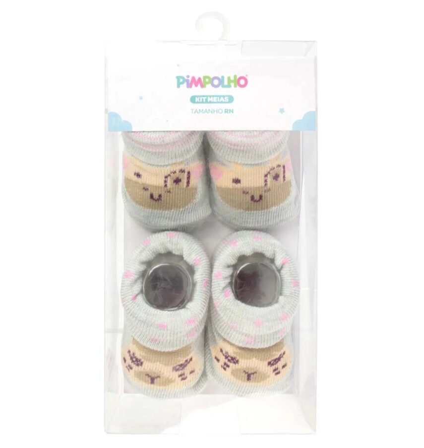 kit Meia com 2 Pares Rn Cinza Vaquinha e Lhama Fernanda Ramos Kids