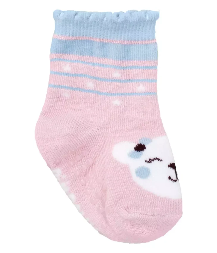 Meia Infantil Feminina Cano Alto Antiderrapante Rosa Urso Fernanda Ramos Kids