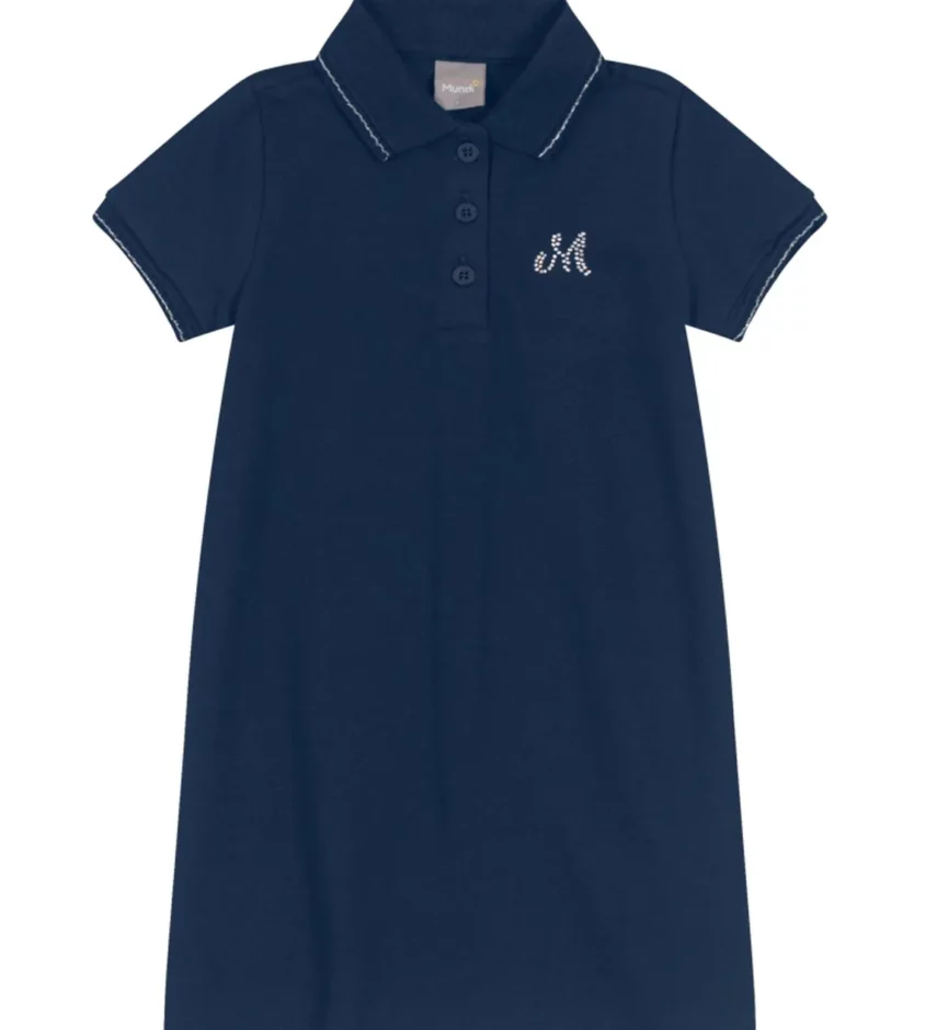 Vestido Gola Polo Piquet Infantil Feminino Confort Azul Marinho Fernanda Ramos Kids