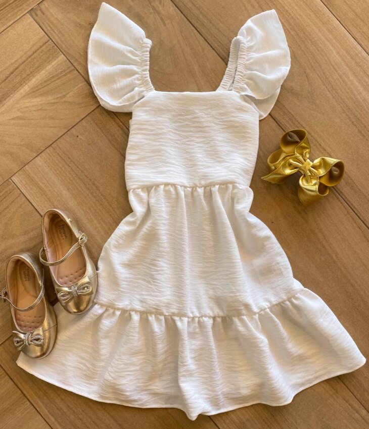 Vestido Infantil Feminino Curto Branco com Amarração Atrás Fernanda Ramos Kids