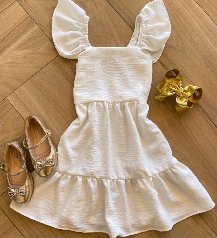 Vestido Infantil Feminino Curto Branco com Amarração Atrás Fernanda Ramos Kids