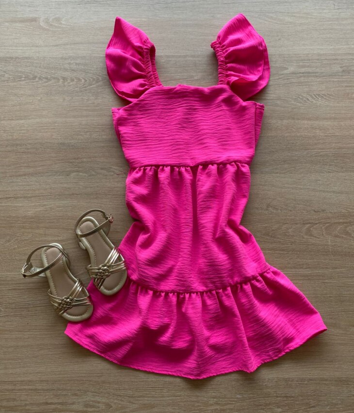 Vestido Infantil Feminino Curto Pink com Amarração Atrás Fernanda Ramos Kids