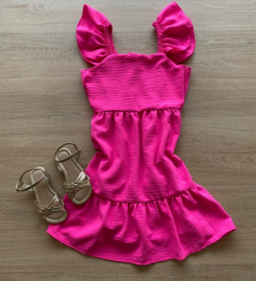 Vestido Infantil Feminino Curto Pink com Amarração Atrás Fernanda Ramos Kids