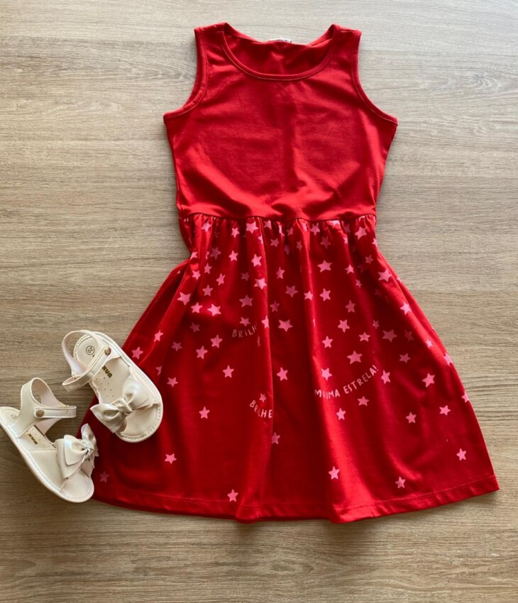 Vestido Infantil Feminino Rodado Vermelho Estrelas Fernanda Ramos Kids
