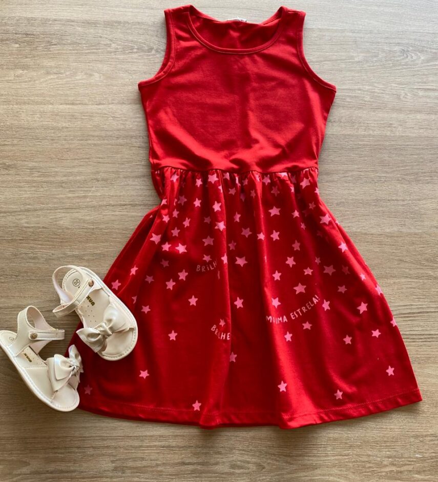 Vestido Infantil Feminino Rodado Vermelho Estrelas Fernanda Ramos Kids