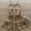 Vestido Infantil Feminino Soltinho Alça Fina Animal Print Bege Fernanda Ramos Kids