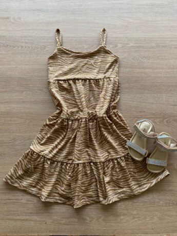 Vestido Infantil Feminino Soltinho Alça Fina Animal Print Bege Fernanda Ramos Kids