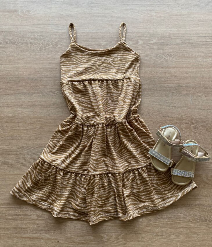 Vestido Infantil Feminino Soltinho Alça Fina Animal Print Bege Fernanda Ramos Kids