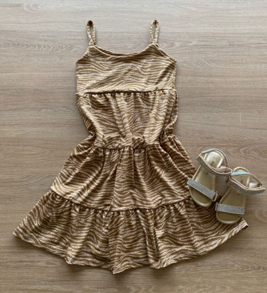 Vestido Infantil Feminino Soltinho Alça Fina Animal Print Bege Fernanda Ramos Kids