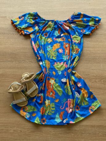 Vestido Infantil Feminino Soltinho Estampa Tropical Azul Fernanda Ramos Kids