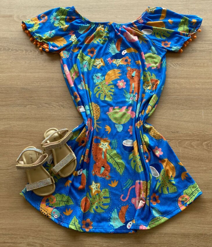 Vestido Infantil Feminino Soltinho Estampa Tropical Azul Fernanda Ramos Kids