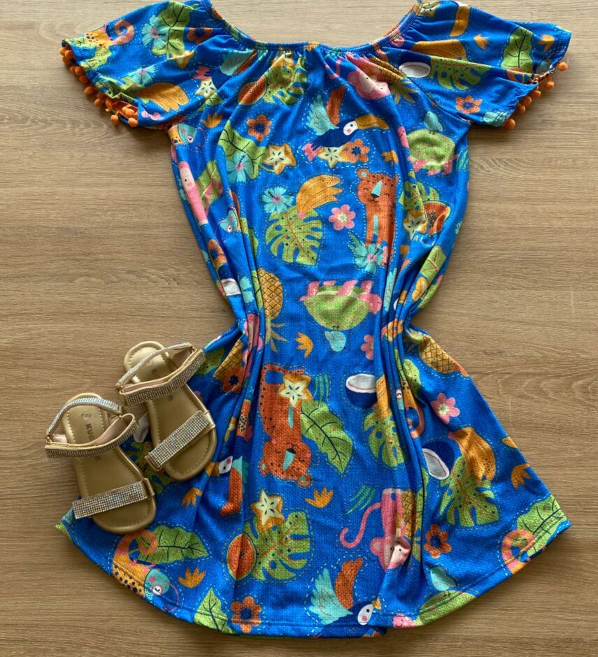 Vestido Infantil Feminino Soltinho Estampa Tropical Azul Fernanda Ramos Kids