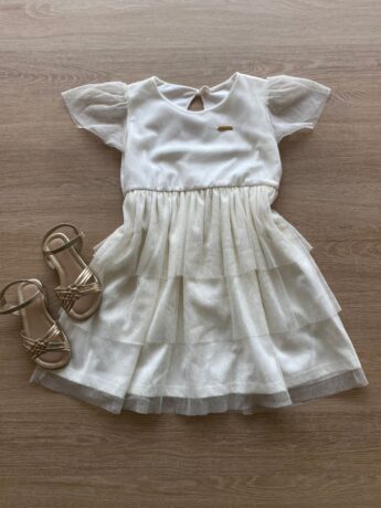 Vestido Infantil Feminino Tule Manga Curta Off White Fernanda Ramos Kids
