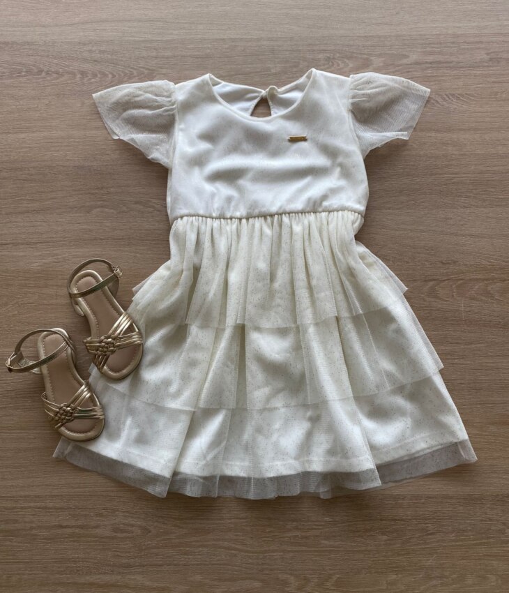 Vestido Infantil Feminino Tule Manga Curta Off White Fernanda Ramos Kids