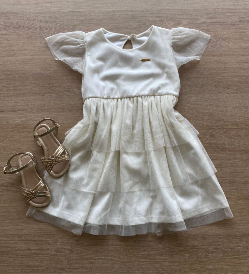 Vestido Infantil Feminino Tule Manga Curta Off White Fernanda Ramos Kids