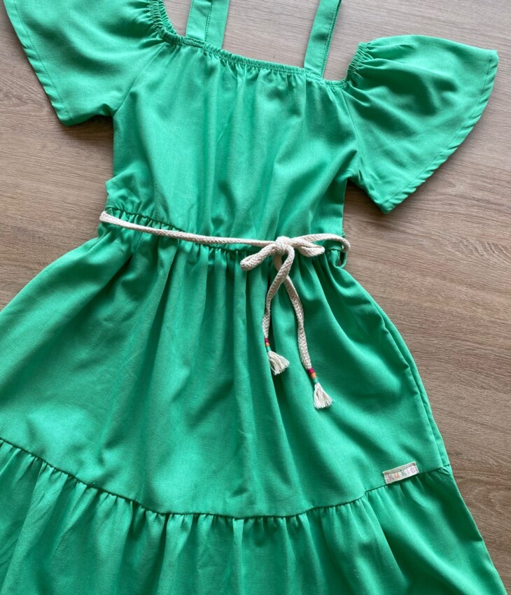 fernandaramoskids com br Vestido Infantil Feminino Verde com Amarração na Cintura1