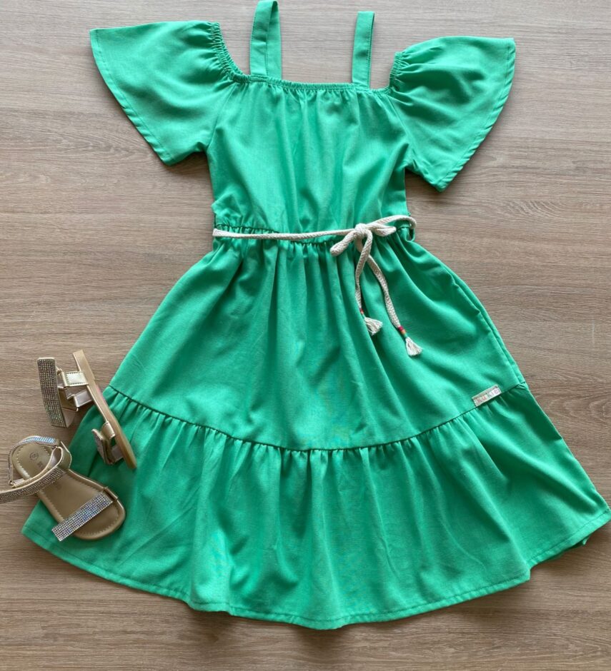 Vestido Infantil Feminino Verde com Amarração na Cintura Fernanda Ramos Kids