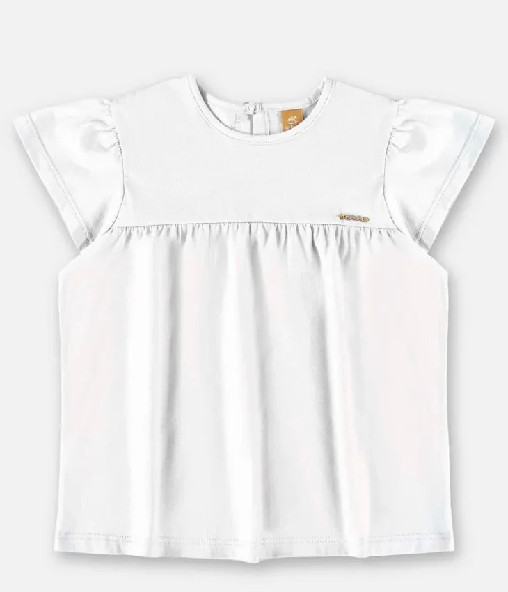 Blusa Infantil Manga Curta em Meia Malha Branca Fernanda Ramos Kids