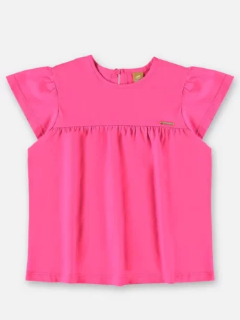 Blusa Infantil Manga Curta em Meia Malha Rosa Neon